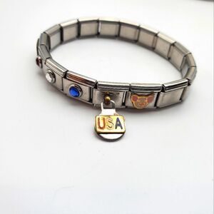 USA patriotic crystal silver‎ charm bracelet